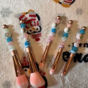 Beaded Makeup Brush Set with Pink Bristles - Handmade